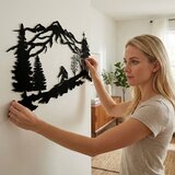 Wallxpert metalni zidni ukras 5323, planinski pejzaž sa šumom i planinarom, 60 x 38 cm, crni | Eponuda.com