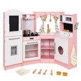 Ginger Home Velika kutna dječja drvena kuhinja s tekućom vodom, svjetlom i zvukom, ružičasta, 134x80x99 cm | shoptok.hr