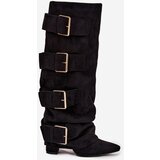 Boto Women's heeled boots with turned-up shaft and gold buckles eco suede black Isavelle | Shoptok.si