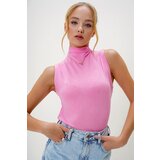 Trend Alaçatı Stili Women's Pink Stand Collar Two Thread Sleeveless Blouse Cene