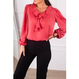 armonika Women's Dark Pink Satin Blouse with Frilled Collar on the Shoulders and Elasticated Sleeves Cene