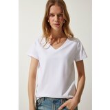 Happiness İstanbul Women's White V Neck Basic Knitted T-Shirt Cene