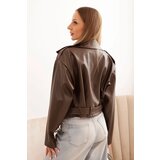 Kesi Włoski Women's short jacket made of eco leather with a belt and collar brown | ePonuda.com