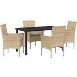  Vrtna garnitura - 5-dijelni vrtni blagovaonski set s jastučićima Bež poli ratan vrtni stol crni 140x80x73 cm od kaljenog stakla | shoptok.hr