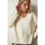  Women's Ecru V-Neck Textured Knitwear Sweater | Shoptok.si