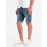 Ombre Men's short denim shorts with rubbing and rolled up leg - blue | Shoptok.si