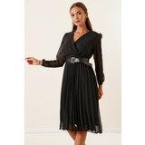 By Saygı Double Breasted Neck Belted Lined Spotted Pleat Chiffon Dress Black Cene
