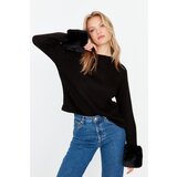 Trendyol Black Fur Detailed Crew Neck Knitwear Sweater Cene
