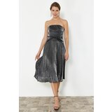 Trendyol Anthracite Pleated Shiny Elegant Evening Dress cene