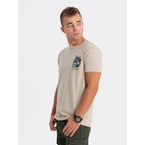 Ombre Men's cotton t-shirt with chest print - beige Cene