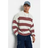 Trendyol Dried Rose Men's Oversize Fit Wide Fit Crew Neck Striped Knitwear Sweater