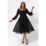 Lafaba Women's Black Square Neck Belted Midi Chiffon Plus Size Evening Dress. Cene