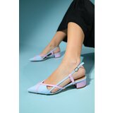 LuviShoes STEVE Blue-Pink Patent Leather Women's Low Heel Sandals cene
