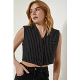 Happiness İstanbul Women's Black Striped Mini Woven Vest