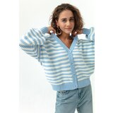 Lafaba Women's Baby Blue Oversize Striped Knitwear Cardigan Cene