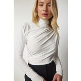  Women's Ecru Shirring Detail Standing Collar Sandy Blouse Cijene