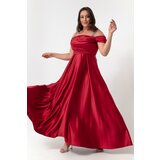 Lafaba Women's Burgundy Stone Strap Draped Plus Size Long Evening Dress Cene