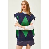 Olalook Women's Navy Blue Green Diamond Pattern Soft Textured Oversize Thick Sweater cene