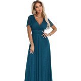 numoco basic 635-1 MELANIA long, shiny dress with a neckline and short sleeves - bottle green | Shoptok.si