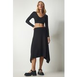 Happiness İstanbul Women's Black Asymmetrical Cut Corduroy Knitted Skirt Cene