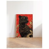Wallxpert uramljena slika 115265, crni panter sa lišćem na crvenoj pozadini, 50 x 70 cm, ram u boji prirodnog drveta | Eponuda.com