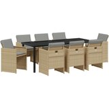  Set za objedovanje u vrtu od 9 dijelova s jastučićima bež polirattan Vrtni stol crni 200x80x73 cm Staklo otporno na udarce | shoptok.hr