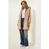  Women's Beige Hooded Für Coat