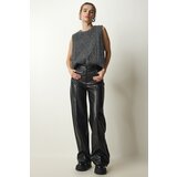 Happiness İstanbul Women's Black Premium Pocket Faux Leather Trousers Cene