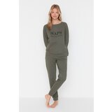 Trendyol Dark Green Slogan Knitted Pajamas Set Cene