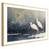  Plakat - Herons over a Winter Pond - illustration in the Japanese style in dark colors 42x29.7 Zlatni okvir s margom | shoptok.hr