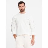 Ombre Men's cotton U-neck longsleeve with piping and chest print - broken white | ePonuda.com