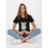 Fashion Hunters Black and Green Cotton Women's T-shirt with Application Cene