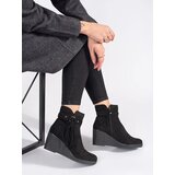 Shelvt Women's suede black wedge boots with fringes Cene