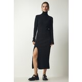 Happiness İstanbul Women's Black Stand-Up Collar Slit Sweater Dress Cene
