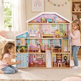 Ginger Home Velika drvena kućica za lutke za decu grand villa, 4 sprata, 28 komada nameštaja i dodatne opreme, više nameštanih soba, otvor | Eponuda.com