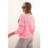 Kesi Włoski Women's openwork sweater with a V-neck and golden buttons light pink | shoptok.hr