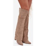 Boto Insulated boots with rolled-up shaft over the knee heel block beige Serelle | Shoptok.si