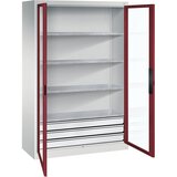 C+P Omara s krilnimi vrati z akrilnim steklom, VxŠxG 1950 x 1200 x 500 mm, 4 police, 3 predali, svetlo sive / rubinasto rdeče barve | Shoptok.si