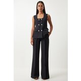 Happiness İstanbul women's black square collar woven vest trousers suit