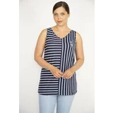 Şans Women's Navy Blue Plus Size Stripe Combination Sleeveless Blouse