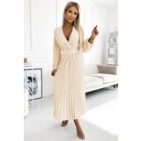 numoco basic 504-7 VIVIANA Pleated midi dress with scoop neckline, long sleeves and wide belt - light beige | Shoptok.si