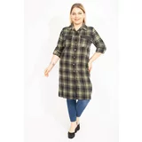 Şans Women's Plus Size Khaki Plaid Patterned Front Buttoned Faux Leather Garnish Tunic Dress