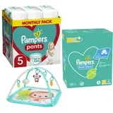 Pelene Pants 5, Monthly, 12-17kg, 152/1+ Vlažne maramice Fresh clean, 15x80 komada+Bright Starts Podloga za bebe Safari, 20 melodija, Tirkizna
