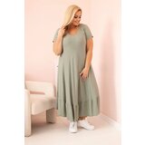 Kesi Włoski Plus size women's dress with short sleeves and ruffle made of light viscose khaki u