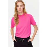 Trendyol Dark Pink 100% Cotton Basic Stand Collar Knitted T-Shirt Cene