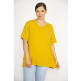 Şans Women's Mustard Plus Size Woven Viscose Fabric V-Neck Side Slit Blouse Cene