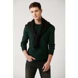 Avva Men's Green Knitwear Sweater Crew Neck Front Textured Cotton Standard Fit Regular Cut cene