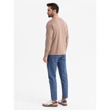 Ombre Men's cotton longsleeve with striped U neckline and embroidery - brown | Shoptok.si
