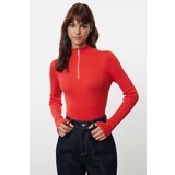 Trendyol Red Cotton Blend Zippered Stand Collar Thin Knit Sweater | Shoptok.si