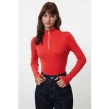 Trendyol Red Cotton Blend Zippered Stand Collar Thin Knit Sweater